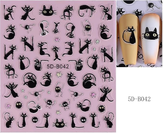 2Pcs Halloween Nail Stickers Blcak Cat Decals for Nail Art Scare Cat Nail Art Deign 5D Embossed Funny Cute Cats Nails Supplies Cat's Paw Nails Acrylic Accessories for Women DIY Manicure Decorations