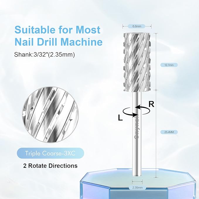 3/32" Large Barrel Bit Tungsten Carbide Nail Drill Bit Safety Bit for Gel & Acrylic Removal, 2- Way Rotating Efile Tip, Salon Electric File Accessory (3XC Girt, Silver)