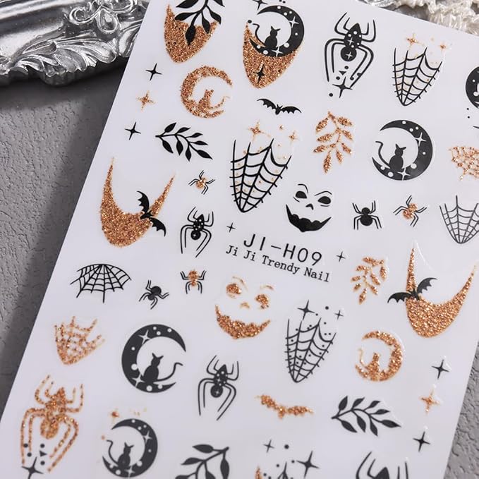 Halloween Nail Stickers for Nail Art, 3D Self-Adhesive Halloween Nail Decals Nail Art Supplies 6PCS Glitter Pumpkin Spider Web French Tip Cute Design Holiday Sticker for Women DIY Manicure Decorations