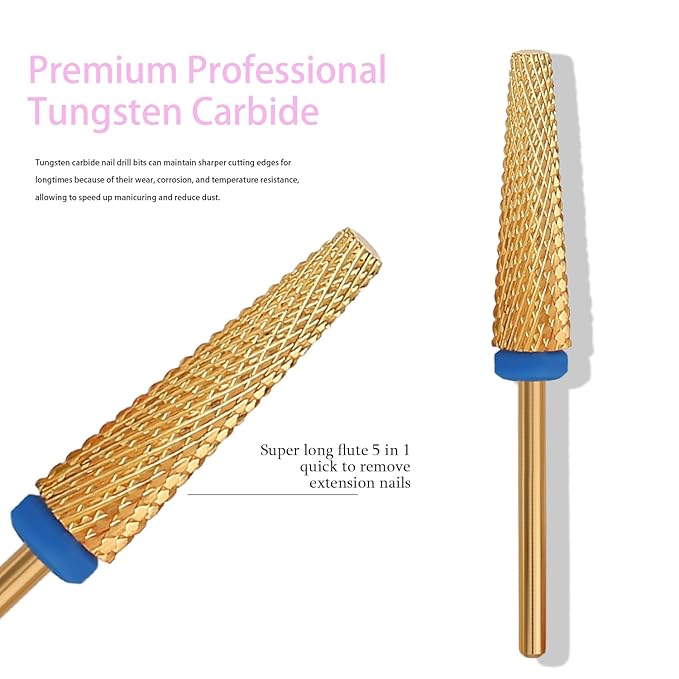 Super Long 5 in 1 Nail Drill Bits, Professional 3/32'' Carbide Tungsten Two Way Rotary Nail Cleaner Nail Bits, Suitable for Manicure Pedicure Cuticle Gel Polishing Acrylic Nails(Gold, Medium-M)