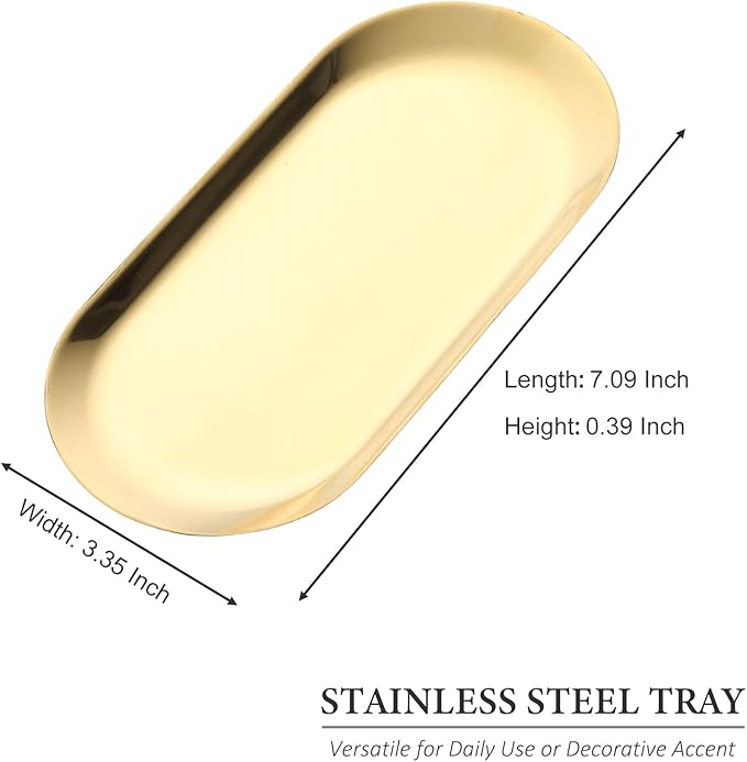 2 Pack Stainless Steel Gold Decorative Tray, Small Oval Perfume Jewelry Trinket Dish, Candle Key Manicure Tools Metal Placing Plate, Bathroom Vanity Trays for Dresser Counter