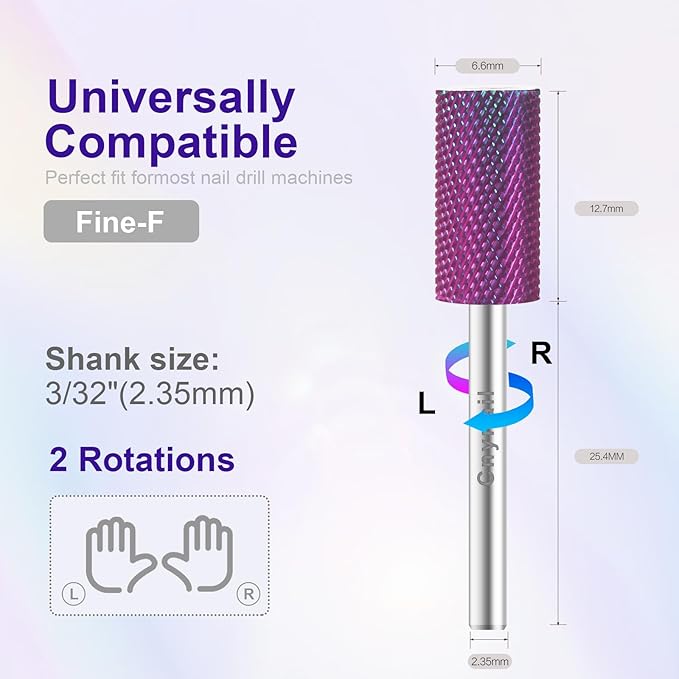 3/32" Large Barrel Bit Tungsten Carbide Nail Drill Bit Safety Bit for Gel & Acrylic Removal, 2- Way Rotating Efile Tip, Salon Electric File Accessory (F Girt, Purple)