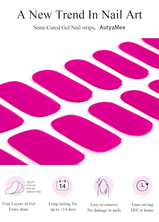 Semi Cured Gel Nail Strips (Classic Hot Pink), 20 Pcs Gel Nail Wraps, Stickers, UV Light Required, Salon Quality, Long Lasting
