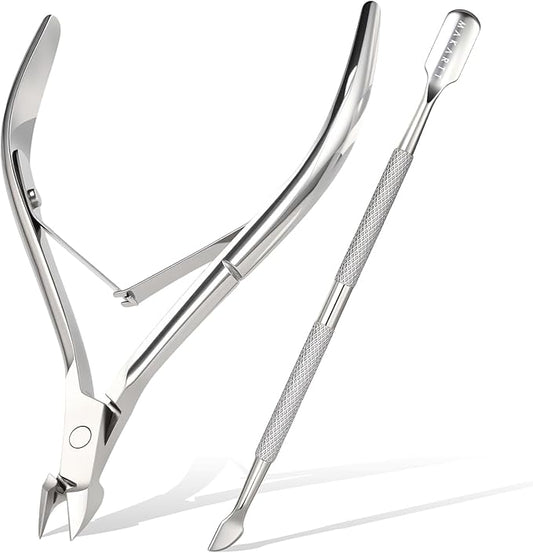 Makartt Cuticle Trimmer with Cuticle Pusher - Stainless Steel Cuticle Nipper with Dual Spring, Ergonomic Handle, 7mm Blade & Dual-Ended Pusher for Nail Care & Gel Removal, Silver
