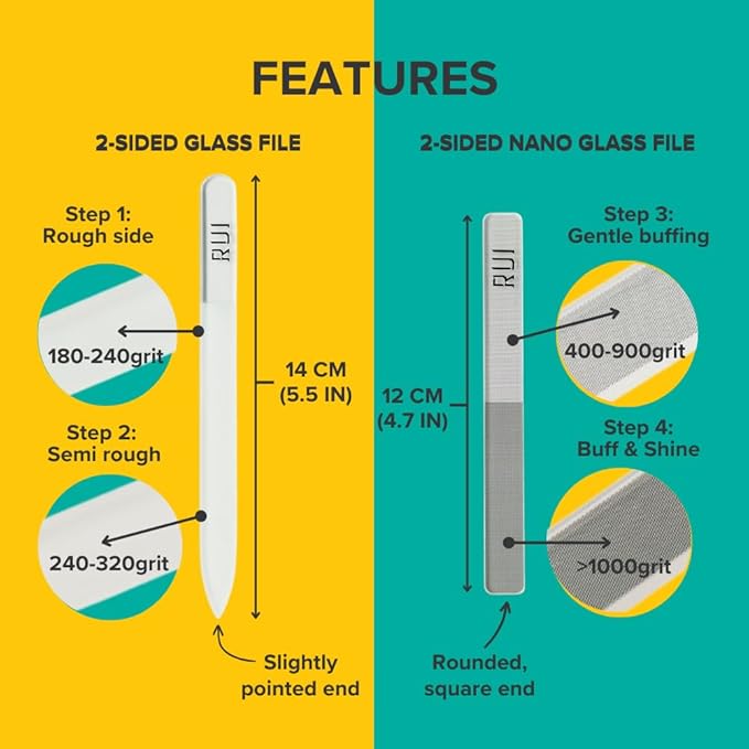Rui Smiths CarbonConscious Glass Nail File & Nano Glass Buffer Set for Shiny Manicure Grooming - Reusable, Comes with Protective Cases