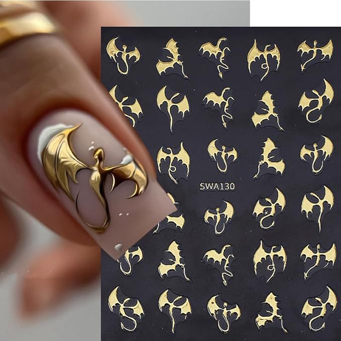 6 Sheets Halloween Nail Stickers Metal Flying Dragon Glitter Bat Nail Art Stickers Decals 3D Self Adhesive Nail Decals Glitter Bat Designs Nail Art Supplies Halloween Stickers for Nails for Women DIY