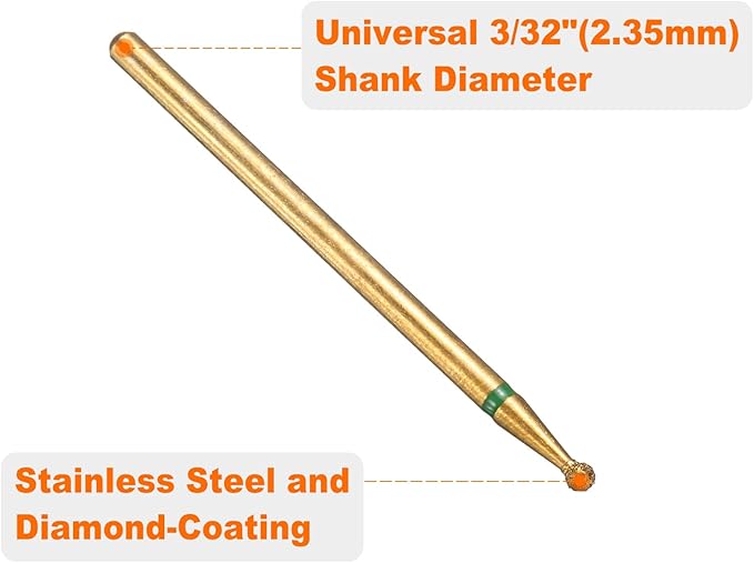 HARFINGTON 6pcs 100-120 Grits Diamond Grinding Bit 1.8mm Ball Head 2.35mm Shank 1.8mm Length Titanium Plated Stone Sanding Drill Bits Rotary Tool for Nails Grinding Polishing