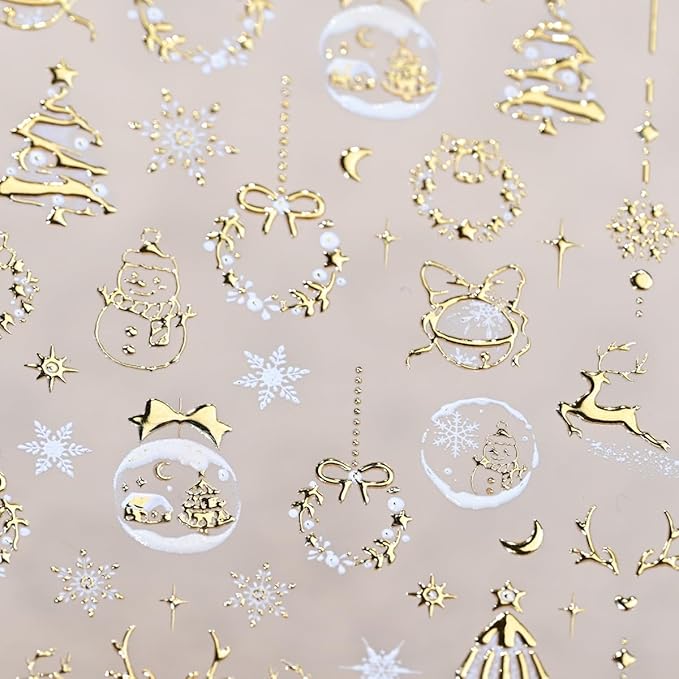 Christmas 5D Embossed Nail Art Stickers for Rhinestones - Self Adhesive Gold Xmas Trees, Snowman, Reindeer, Snowflake Design - Cute Winter Star Stickers for Women