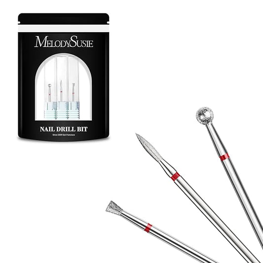 MelodySusie 3Pcs Cuticle Cleaner Nail Drill Bits Set, 3/32'' Safety Carbide Diamond Bits, Ball, Flame and Inverted Tapered Bits, Suitable for Cuticle Dead Skin Nail Prepare, Silver