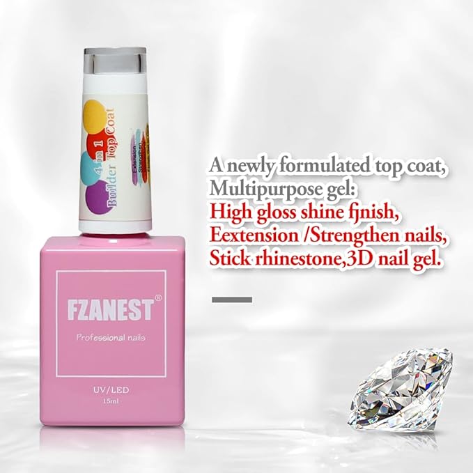 FZANEST Builder Gel Top Coat For Nails 15ml, 5 in 1 Non Wipe Builder Hard Gel in a Bottle, High Gloss Shine No Wipe Top Coat Rhineston Glue Nail Strengthen Extension