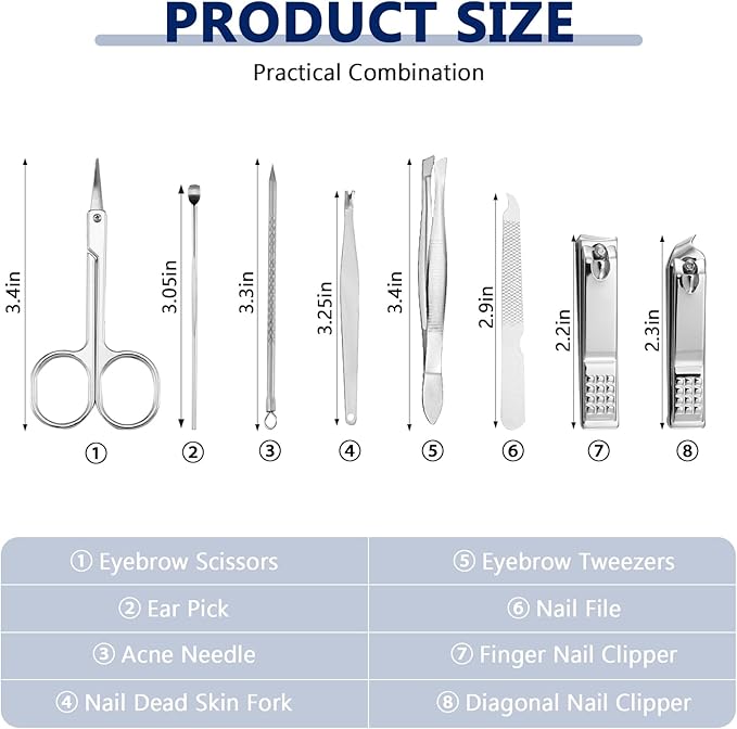 Lasnten 100 Bulk Nail Clipper Set Bulk Manicure Kit Stainless Steel Pedicure Professional Nail Care Kit with Travel Case Portable Grooming for Husband Men Women Family(Black,8 in 1)