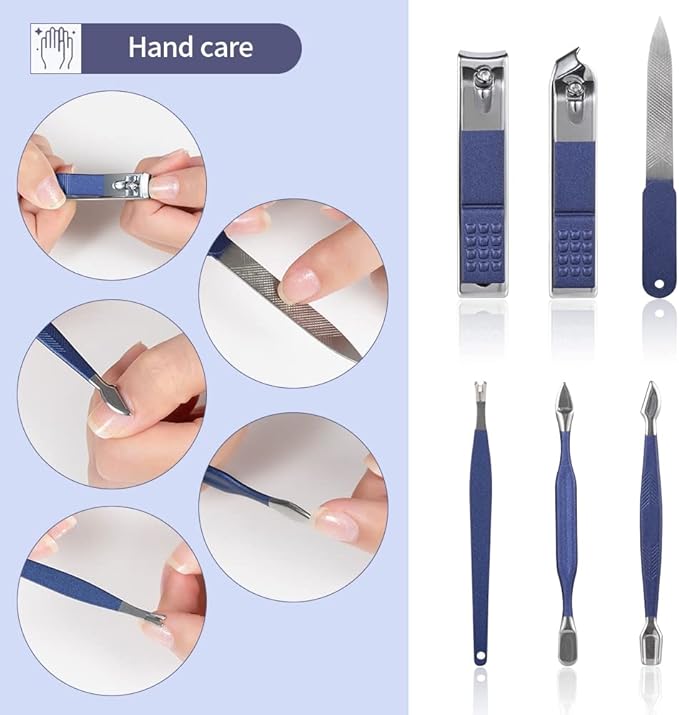 Multifunction Nail Clipper Set Pedicure Cutter Nail File Scissors Kit with Travel Case Stainless Steel Blue Manicure Set Tools (Color : 18pcs-Blue)
