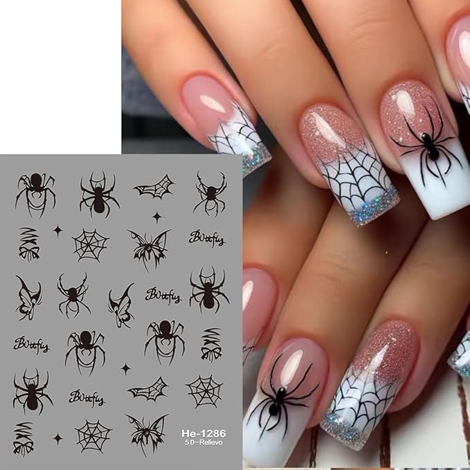 6 Sheets Spider Nail Stickers 3D Cute Black White Red Spider Nail Art Decals Self-Adhesive Halloween Spiders and Spider Web Nails Design Supplies Holiday Stickers for Women DIY Acrylic Manicure Tips