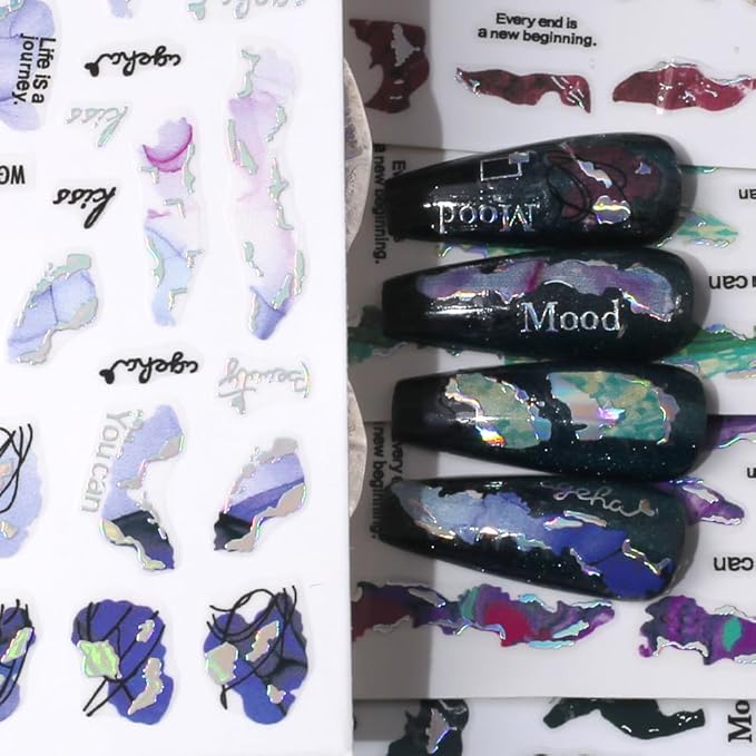 6 Color Marble Nail Art Stickers - Women's 3D Bronzing Silver & Watercolor Blooming Decals - Self Adhesive Foil Nail Designs