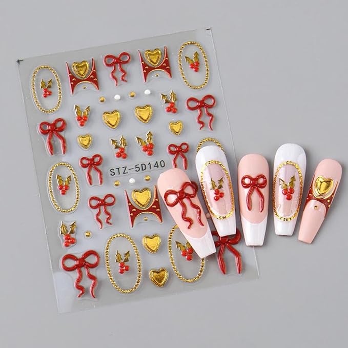 Christmas Nail Art Stickers Decals 5D Embossed Bow Nail Stickers 2PCS Red Gold Bow Heart Gold Circle Cherry Xmas Nails Design Self-Adhesive Nail Decals Manicure Supply for Women DIY Nail Art