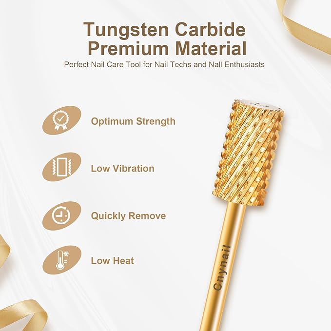 3/32" Large Barrel Flat Top Tungsten Carbide Nail Drill Bit Safety Bit for Gel & Acrylic Removal, 2-Way Rotating Efile Tip, Salon Electric File Accessory (XC Grit, Gold)