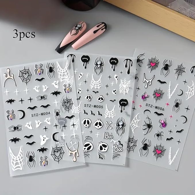 Halloween Nail Art Stickers Decals Halloween Spider Web Spider Nail Decals 3PCS Ghost Bat Skull Star Design 5D Engraved Nail Stickers Nail Art Supplies for Women Holoday DIY Manicure Nail Decorations