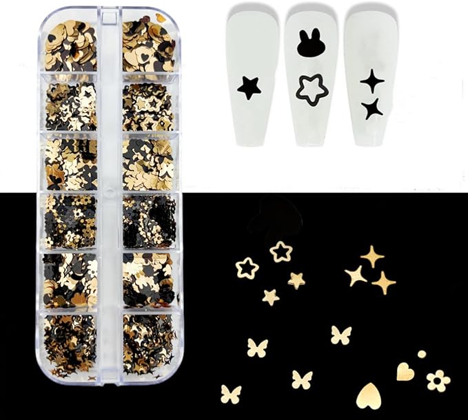 Nail Art Glitter Flakes, Mixed 2 Colors Black Gold Glitter Nail Sequins Designs, Heart Butterfly Stars Rabbit Nail Supplies for Women Manicure Charms Decorations, DIY Sparkly False Nails Crafts