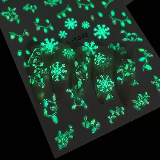 6PCS Christmas Nail Art Stickers Decals Gnome Santa Claus Nail Decals 3D Self-Adhesive Luminous Nail Stickers Christmas Tree Holly Light String Nails Designs Xmas Nails Supplies for Women Manicure