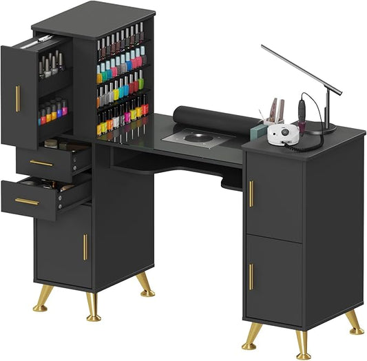 Manicure Table Nail Desk with Glass Top & Wrist Rest, Nail Station with Dust Collector & 4 Dust Bags, Beauty Salon Workstation with Storage Drawers & Cabinet (Black)