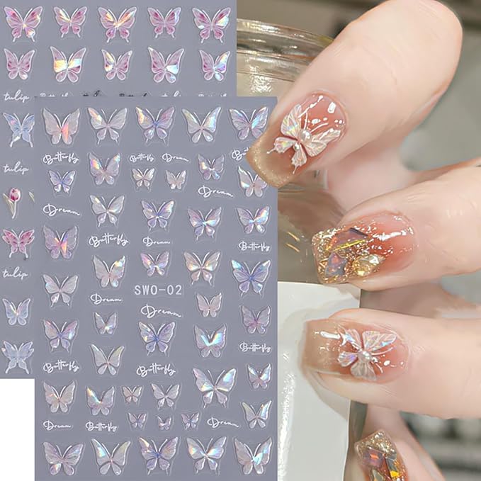 Shiny Pink Butterfly Nail Decals - 3D Self-Adhesive Nail Art Stickers - Laser Glitter Butterflies - DIY Manicure Decor