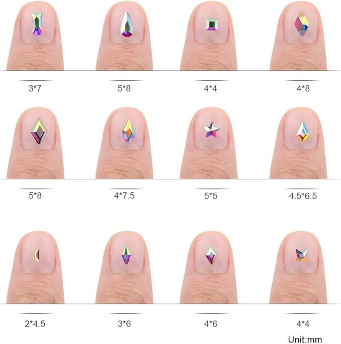 Crystal AB Rhinestones for Nails, 240pcs Multi Shape Flatback Jewels Iridescent Color With Shiny 16 Cutting Facets Quality Rhinestones for Makeup Clothes Bags Jewelry