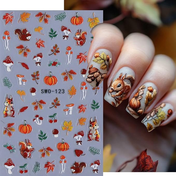 3D Fall Nail Stickers for Nail Art Thanksgiving Pumpkin Nail Art Stickers Maple Leaf Tree Nail Decals Autumn DIY Self Adhesive Nail Design Supplies Nail Decoration for Women Manicure Accessories 4Pcs