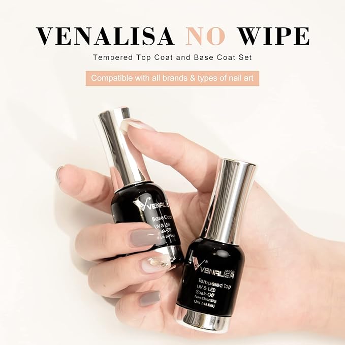 VENALISA 2 Pcs No Wipe Tempered Gel Top Coat and Base Coat Set Gel Nail Polish, Soak Off UV LED Nail Gel Polish Nail Art Starter Manicure Salon DIY at Home