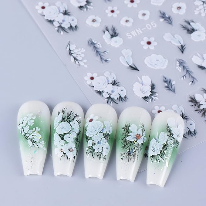 Flower Nail Art Stickers Decals 5D Embossed White Flowers Nail Decals 4PCS Floral Leaf Nails Design Adhesive Flower Stickers for Nails Manicure Accessories for Women Summer Fall Nail Art Decorations