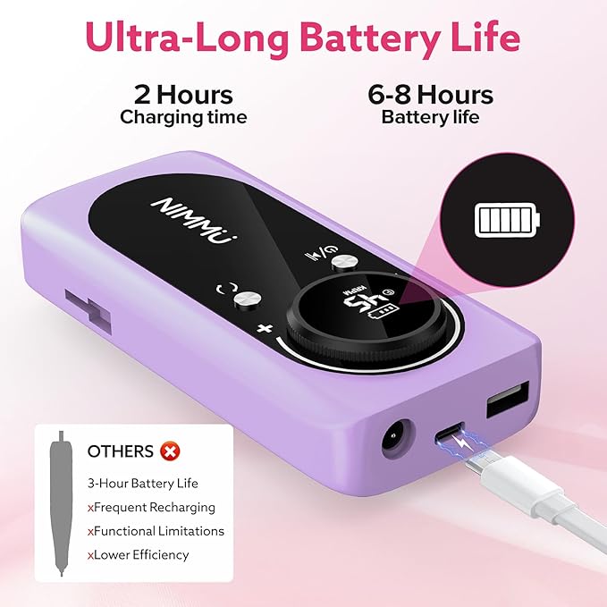 Nimmu Portable Nail Drill Professional, 45000RPM Electric Nail File for Acrylic Nail Remove Gel Polish, Rechargeable Nail Drill Machine with 11 Bits Kit for Manicure Salon Home (Purple)
