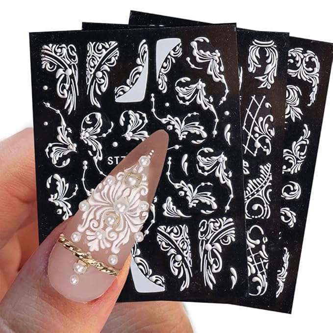 French Nail Art Sticker Decals 5D Embossed French Pattern Roses White Nail Art Accessories Self-Adhesive Nail Art Supplies Decoration Retro Classic Acrylic Nails Design, 8 Sheets