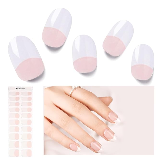 Semi Cured Gel Nail Strips, 20 PCS Gel Nail Stickers Work with UV Light, Salon Quality & Easy to Use - French Passion