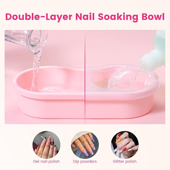 Dual Nail Soaking Bowl, Soak Off Gel Polish Remover Bowl for Home Users, Time Saver Manicure Bowl for Dip Powder/Gel/Acrylic Removal at Home & Salon, Pink