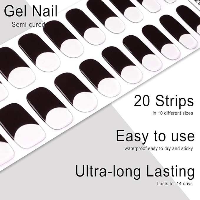 Semi Cured Gel Nail Strips, 20pcs Real Nail Polish Art Stickers, Red Black Gel Nail Stickers - Work with Any UV Lamp, Long Lasting Full Wraps with Nails File and Stick
