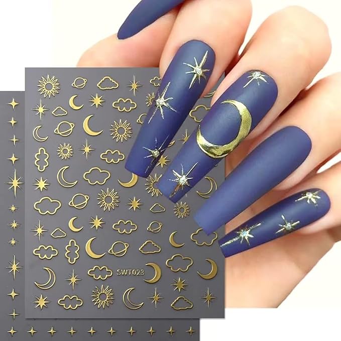 Star Nail Stickers - 8Sheets Metallic Star Nail Art Stickers 3D Star Moon Sun Nail Decals for Nail Art Supplies Sun Stars Moon Starlight Glitter Gold Silver Design French Manicure Decoration for Women