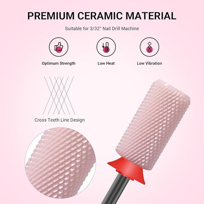 MelodySusie Ceramic Nail Drill Bits, 3/32'' Chamfer Flat Top Large Barrel Bits, Fast Remove Acrylic or Hard Gel, Nail Tool for Manicure Pedicure, Salon Home, Professional or Beginner, Pink, Fine