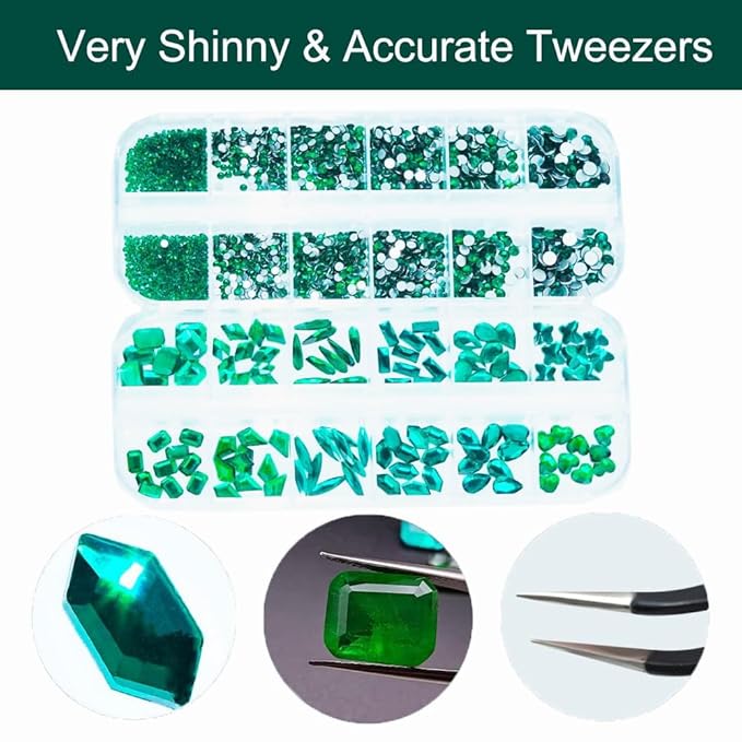 2680Pcs Emerald Green Nail Rhinestones, 120Pcs Big Glass Green Diamond Nails Gem Stones with Bling Flatback Round Beads, Clear Nail Art Charms Jewelry for Face DIY Decoration with PickTool