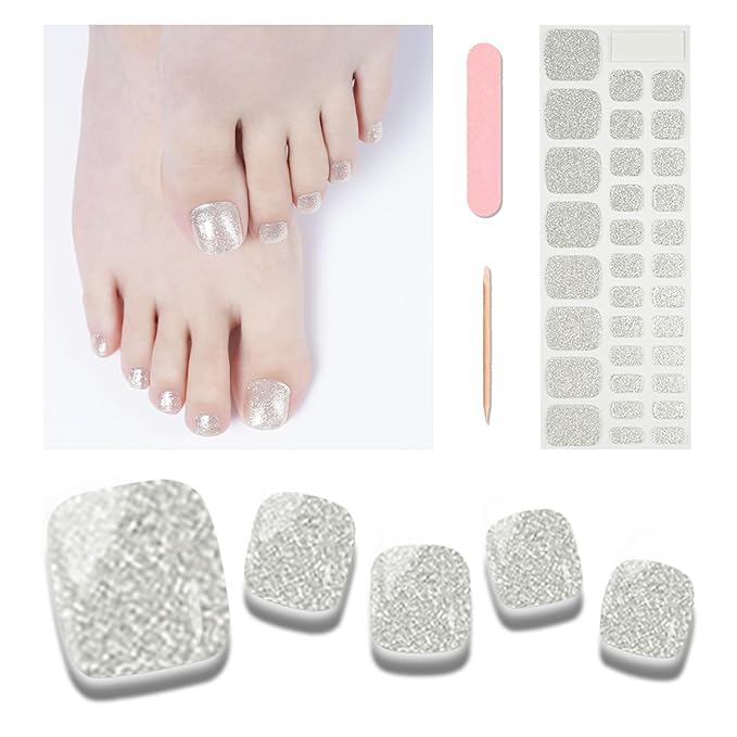 Semi Cured Gel Toenail Strips, 32 Glitter Silver Gel Toenail Stickers - Works with Any UV Lamps Pedicure Strips Full Nail Wraps with Nail File & Wood Stick