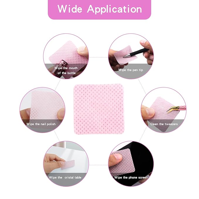800 PCS Lint Free Nail Wipes Eyelash Extension Glue Wipes Absorbent Soft Super Non-Woven Fabric Lash Glue Wipes Nail Polish Remover Wipes for Lash Extension Supplies（Pink