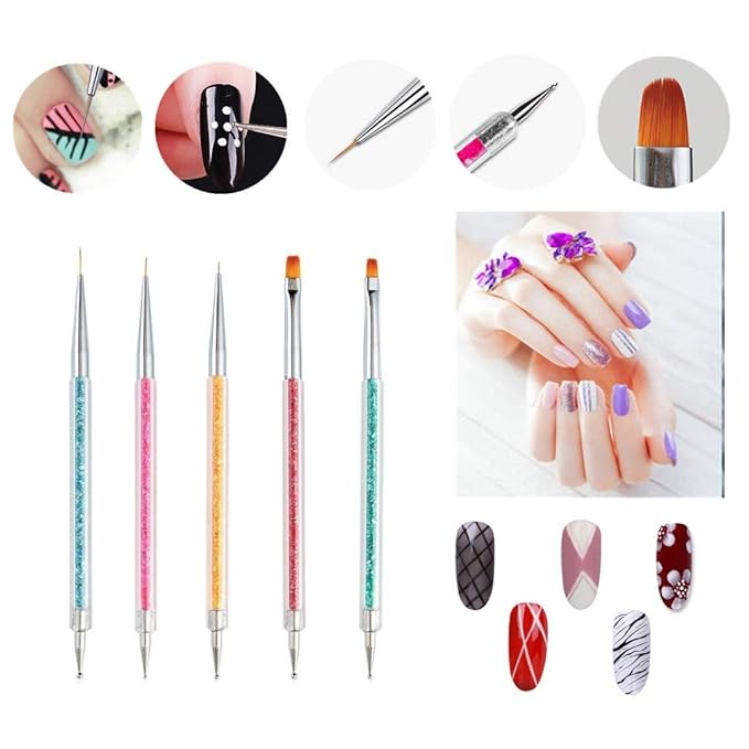 Pack of 5 Nail Art Brushes, Double-ended Nail Dotting Pen Liner Brush Nail Art Point Drill Drawing Tools Set