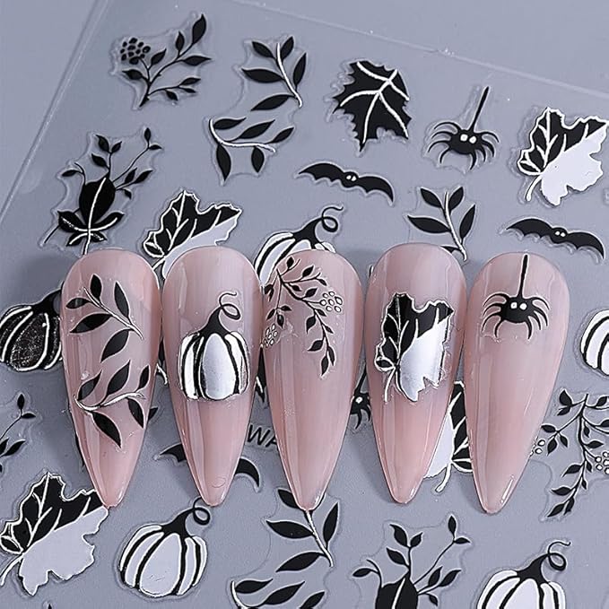 6 Sheets Fall Nail Stickers for Nail Art Halloween Pumpkin Maple Leaf Nail Stickers 3D Self-Adhesive Gold Black Maple Leaf Heart Nail Decals Autumn Maple Leaves Nails Design Leaf Sticker for Women