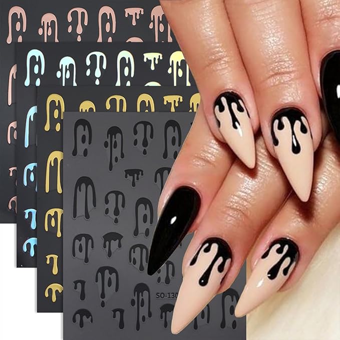 8 Sheets Halloween Nail Stickers for Nail Art Black Pink Laser Gold Nail Decals 3D Self-Adhesive Blood Nail Design Stickers Goth Nails Supply Halloween Nail Art Decoration for Women Manicure Tips