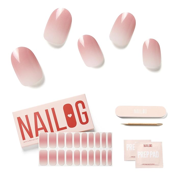 Semi Cured Gel Nail Strips - NAILOG 20 Pcs Clear Pink Gel Nail Stickers Extra Long Nail Wraps with Glossy Gel Finishing for Spring Summer Gradient Color, Tutu