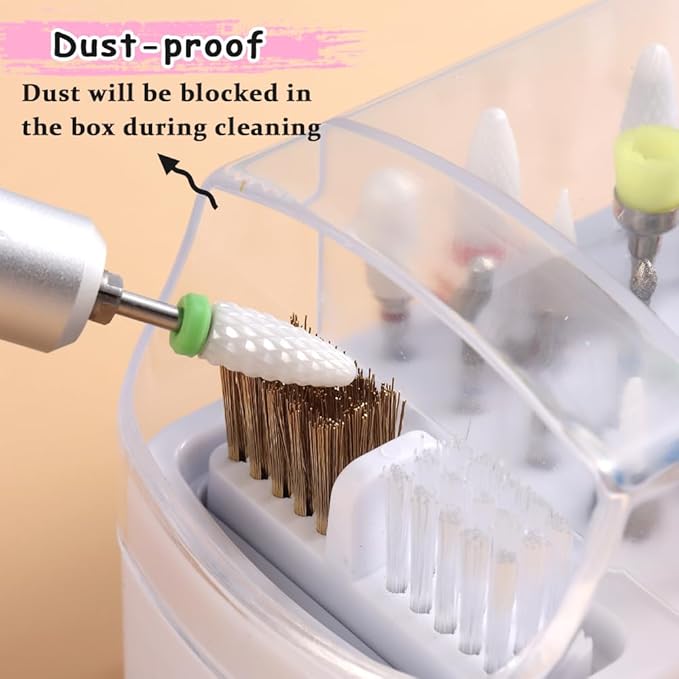 2 in 1 Nail Drill Bits Holder and Nail Drill Bits Cleaner Brush Case, 30 Holes Dustproof Stand Display Organizer Container with Steel Wire & Nylon Double Brush Manicure Drill Clean Tools