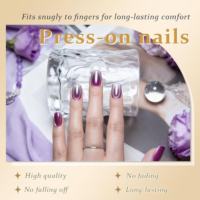 evpct Light Purple Cat Eye Extra Short Press on Nails Square, Petite Short Square Glue on Nails for Women Gift, Magenta Purple Holographic Glitter Glossy Reusable Gel Press on Acrylic Fake Nail