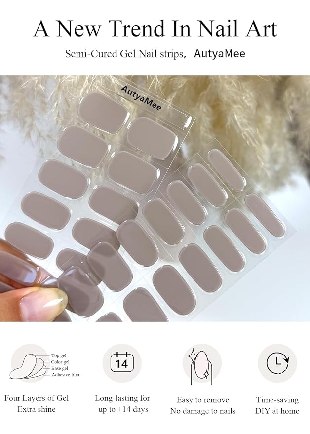 Semi Cured Gel Nail Strips (Gray Brown), Pearl Glazed, 30 Pcs Gel Nail Wraps, Stickers, UV Light Required