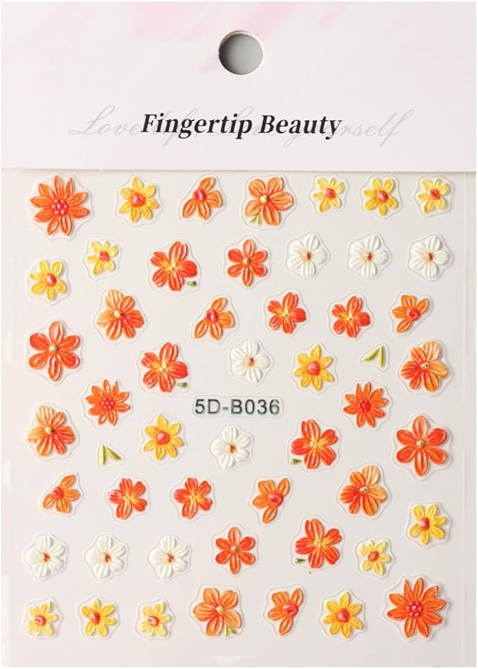 2Pcs Thanksgiving Nail Stickers Fall Decals for Nail Art Orange Flowers Nail Design White Flowers Nails Supplies 5D Embossed Yellow Flower Nials Acrylic Accessories for Women DIY Manicure Decoration