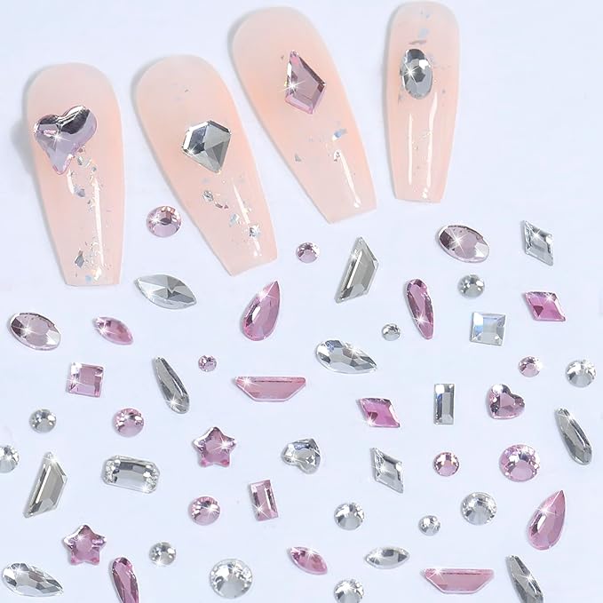 HNUIX Nail Rhinestones for nails - 3D Multi Shapes, Flat Back, Small Nail Gems, Crystal & Light Pink Nail Diamonds, with Kit, for Nail Art, DIY Decor