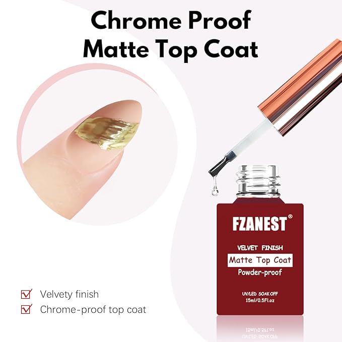 FZANEST Gel Top Coat Gel Nail Polish Matte Glossy Kit 15ml * 2PCS No Wipe Diamont Top Coat Chrome Proof Velvet Finish Good for Chrome Nail Powder Nail Art Design