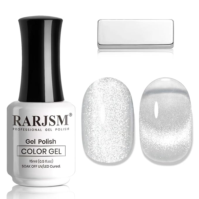 RARJSM Silver Diamond Cat Eye Gel Nail Polish Reflective Translucent Clear White Glitter Cateye Gel Polish 15ml Single Bottle with Magnet Stick UV LED Curing Requires Soak Off for Home Salon